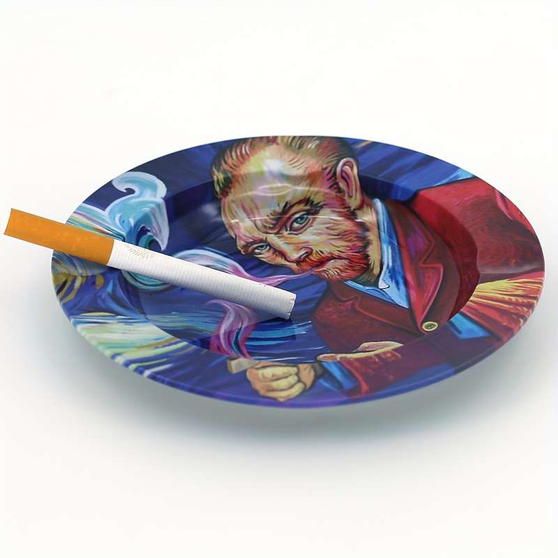 1pc Round Iron Ashtray with Various Patterns Portable High-End Ashtray for Travel Home Outdo