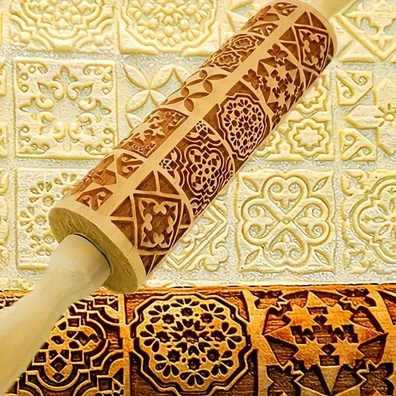 1pc Wooden Embossing Rolling Pin 13.77"x1.77" Christmas Halloween Printed for Pizza Pies