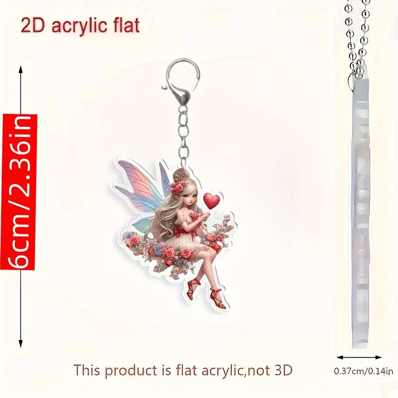 1pc 2D Flat  anime-style acrylic fairy keychain with heart and butterfly design floral wreath art d