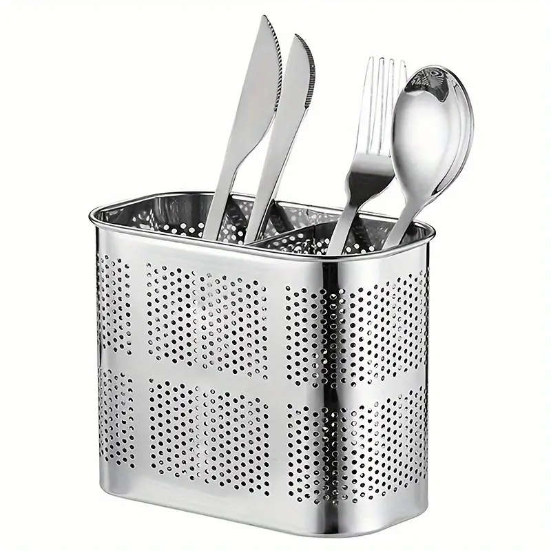 1pc Stainless Steel Chopstick Holder with Drain Rack Dual-Compartment Multi-Functional Storage Organ
