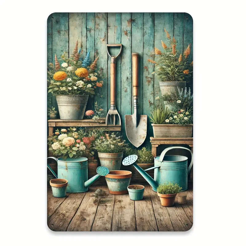1pc Vintage Gardening Tools Potted Plants Metal Tin Sign 20.32x30.48cm Rustic Wall Art with Colorful