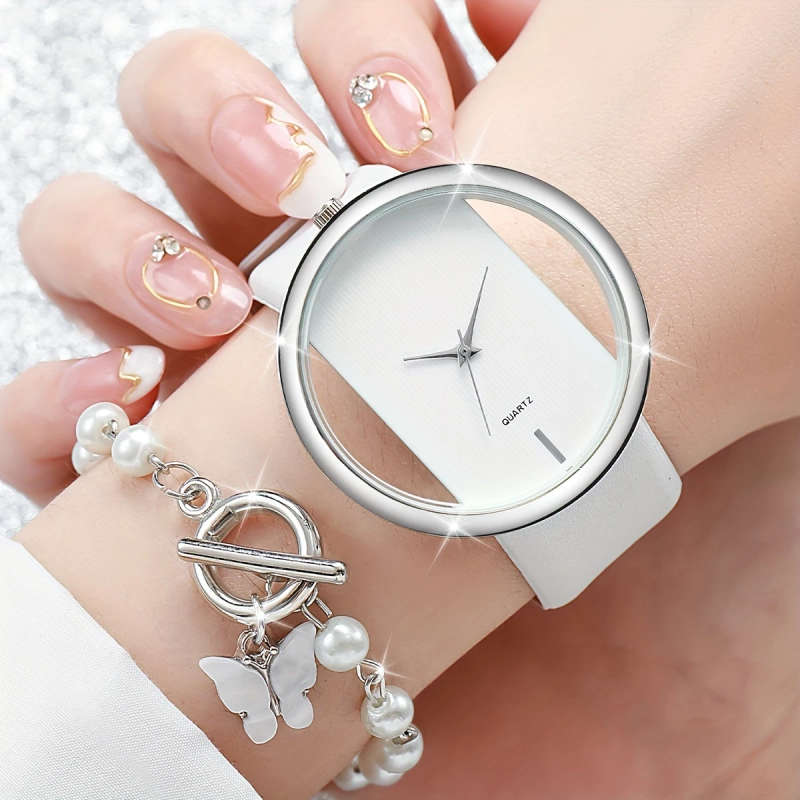 2pcs Set Women'S Fashion Hollow Dial Quartz Wrist Watch and Bracelet Set Round Alloy Case Faux Leath