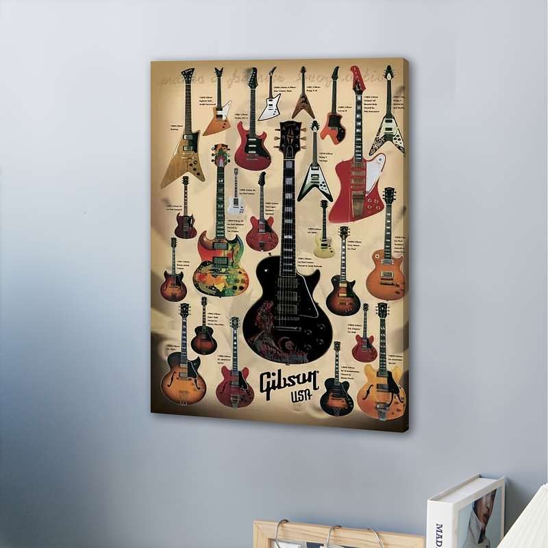 1pc Gibson Guitars Showcase Wooden Framed Canvas Wall Art Vintage Music Decor with 12 Iconic Elec