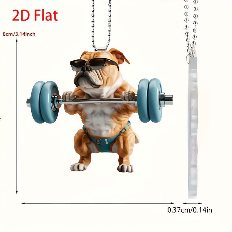 1pc 2D Flat   Funny Bulldog Acrylic Pendant with Glasses Dumbbells 7.98cm Fitness-Themed Ca