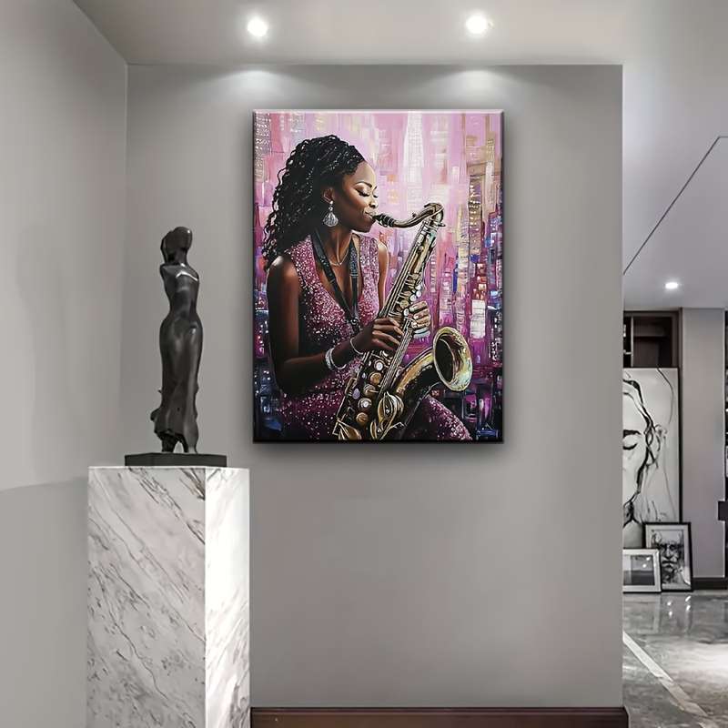 1pc Vibrant African American Saxophonist Jazz Art Print Modern Music Theme HD Poster with Urban B