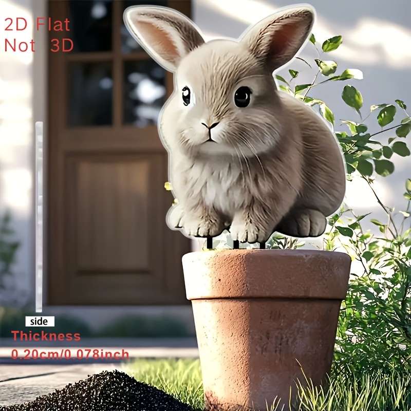 1pc 2D Flat   Charming Acrylic Rabbit Garden Stake Adorable Light Brown Bunny with Green Eyes