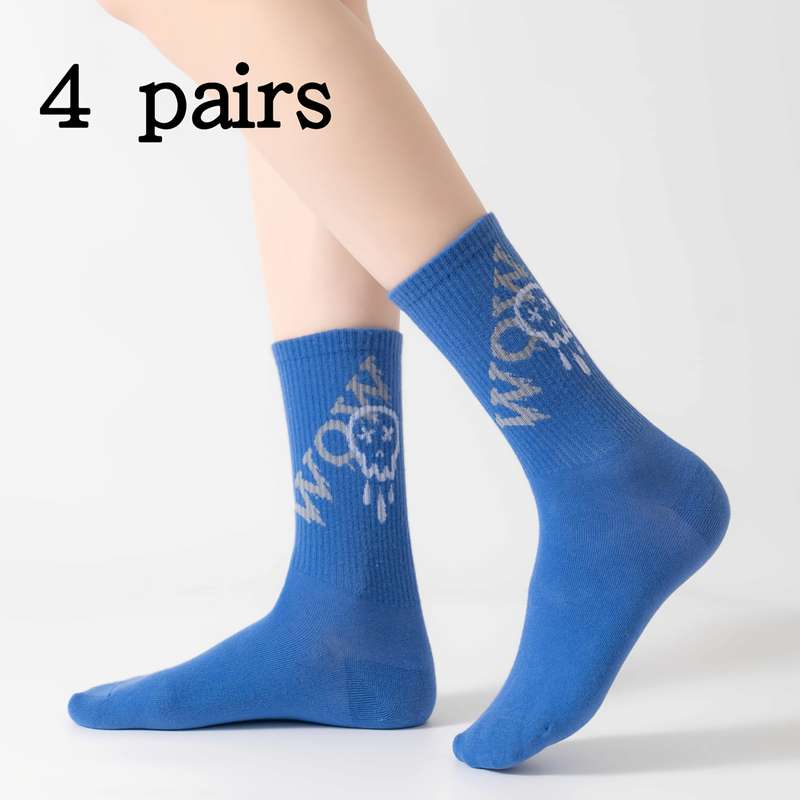4 Pairs Of White Socks With Colorful Letters One Size High Elastic Socks