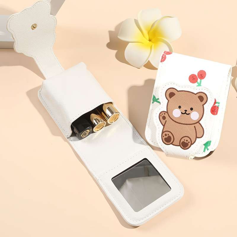 1pc Cute Cartoon Lipstick Holder with Mirror Portable Mini Makeup Bag for On-the-Go Touch-Ups