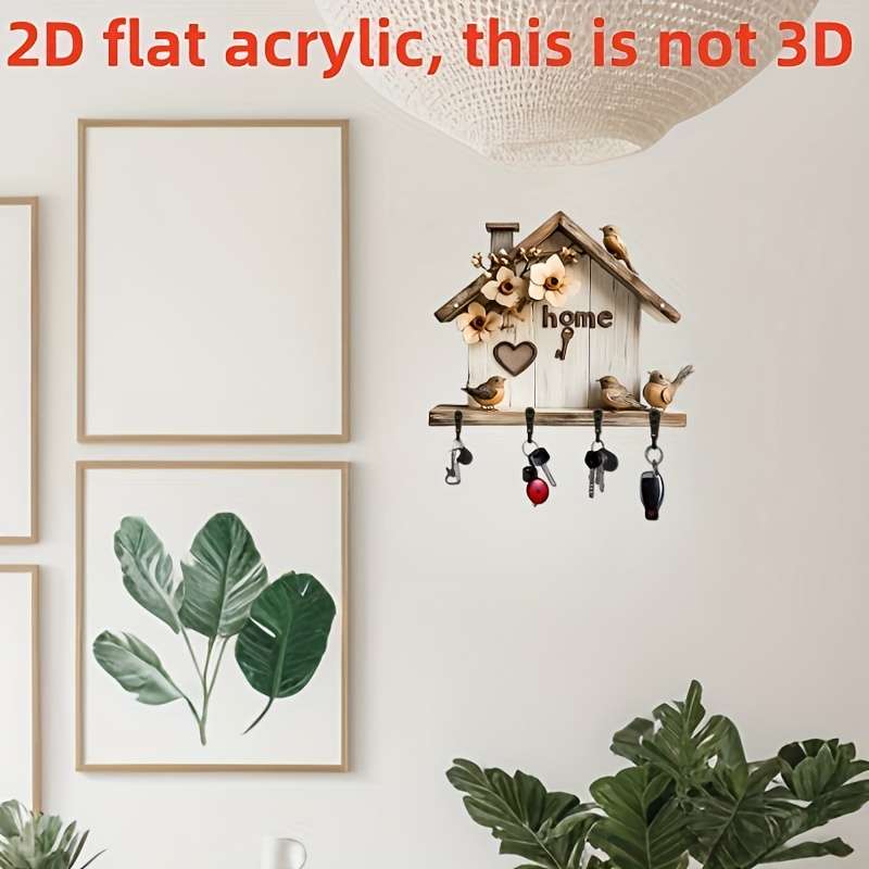 1pc 2D plane printing simple and colorful wooden and home keychain with four black metal hooks 11