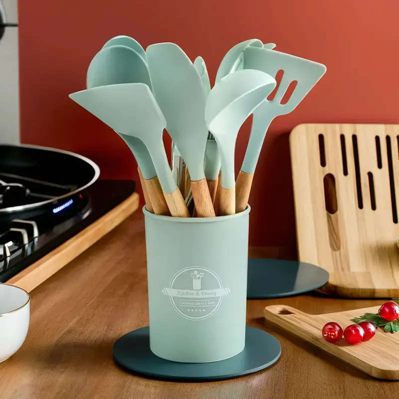 12pcs Silicone Kitchen Utensil Set with Wooden Handles Non-Stick Food-Safe Cooking Tools Washable Du