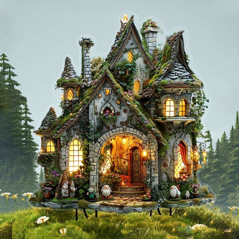 1pc 2D Flat   Enchanted Fairy Tale Cottage Garden Planter Rustic  Acrylic Outdoor Deco
