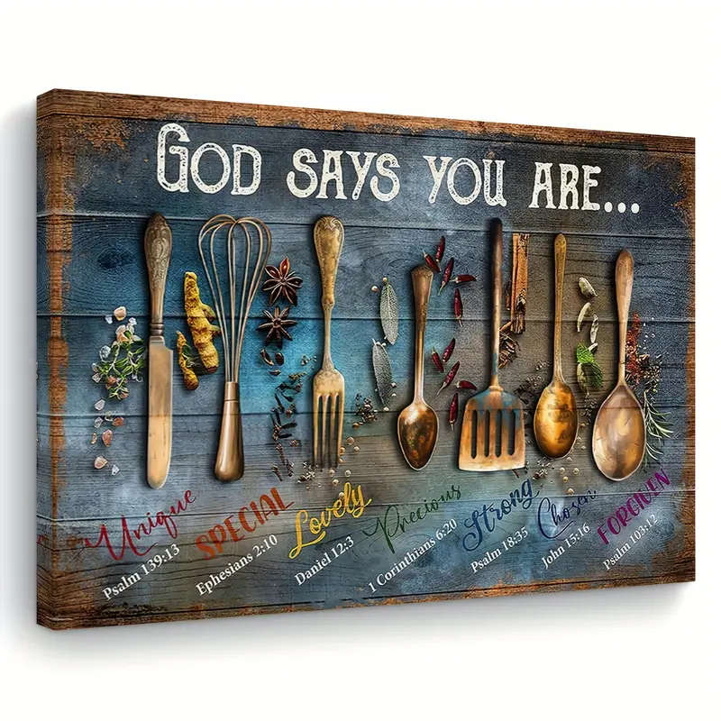 1pc Charming Spoon Spice Kitchen Canvas Art Wooden Framed Wall Decor for Home Office Living Room Bed