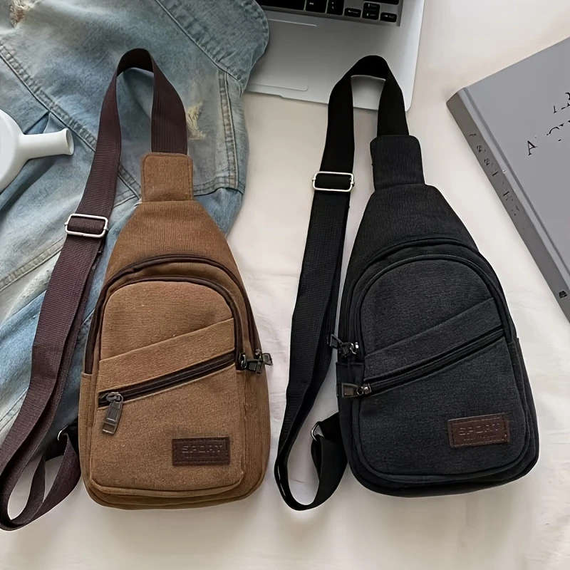 1pc Casual Canvas Men's Chest Bag Multipocket Sling Shoulder Pack with Zipper Closure for Travel Cas