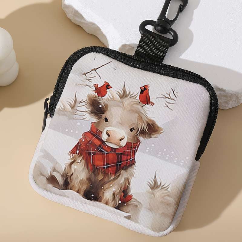 1pc 1pc Bird Necktie Calf Pattern Printed Coin Purse with Buckle and Zipper Pocket Multifunctiona