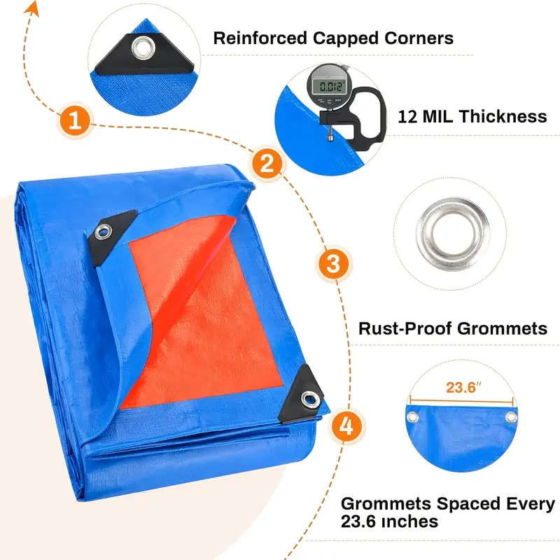 1pc 14 Mil Heavy Duty Tarpaulin 2x2m Waterproof UV Resistant PE Material with Reinforced Grommets