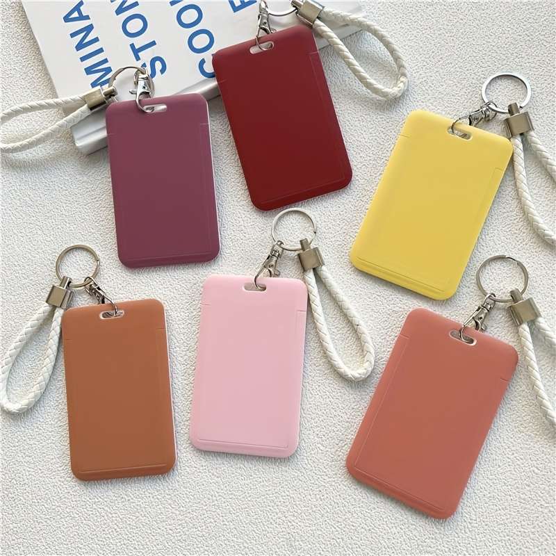 1pc Fashionable Macaron Solid Color Plastic Commuter Card Case with Keychain Hand Washable Non-D