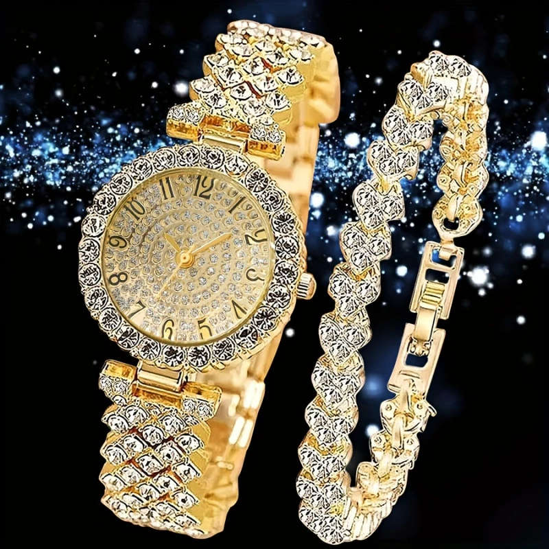 2pcs set Elegant Rhinestone Watch Stainless Steel Fashion Minimalist Luxury Full Rhinestone Bracelet
