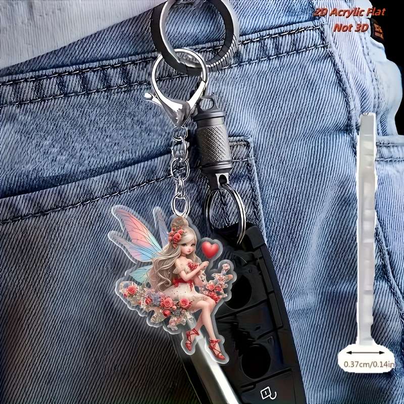 1pc 2D Flat  anime-style acrylic fairy keychain with heart and butterfly design floral wreath art d