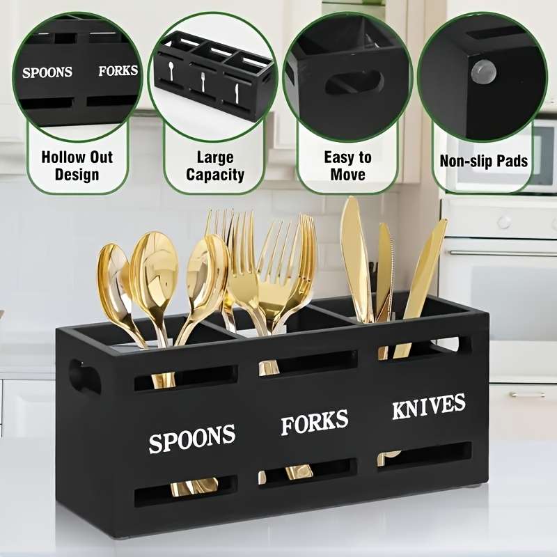 1pc Classic Wooden Kitchen Utensil Rack with Solid Iron Handle 3-Compartment Storage Basket for S
