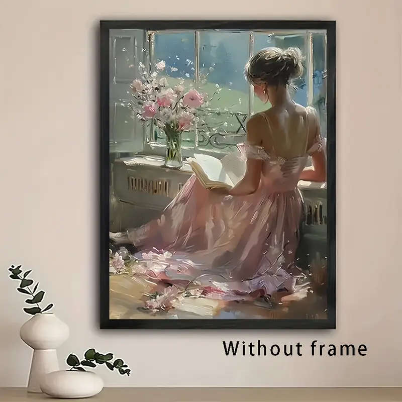 1pc Elegant Woman Reading Canvas Art Print Unframed Classical Wall Decor for Home Office or Cafe Ser