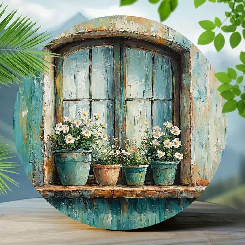 1pc 2D Tin Sign Window With Flowers In Pots Retro Aluminum Circular Metal Sign Metal Wreath Sign Ret