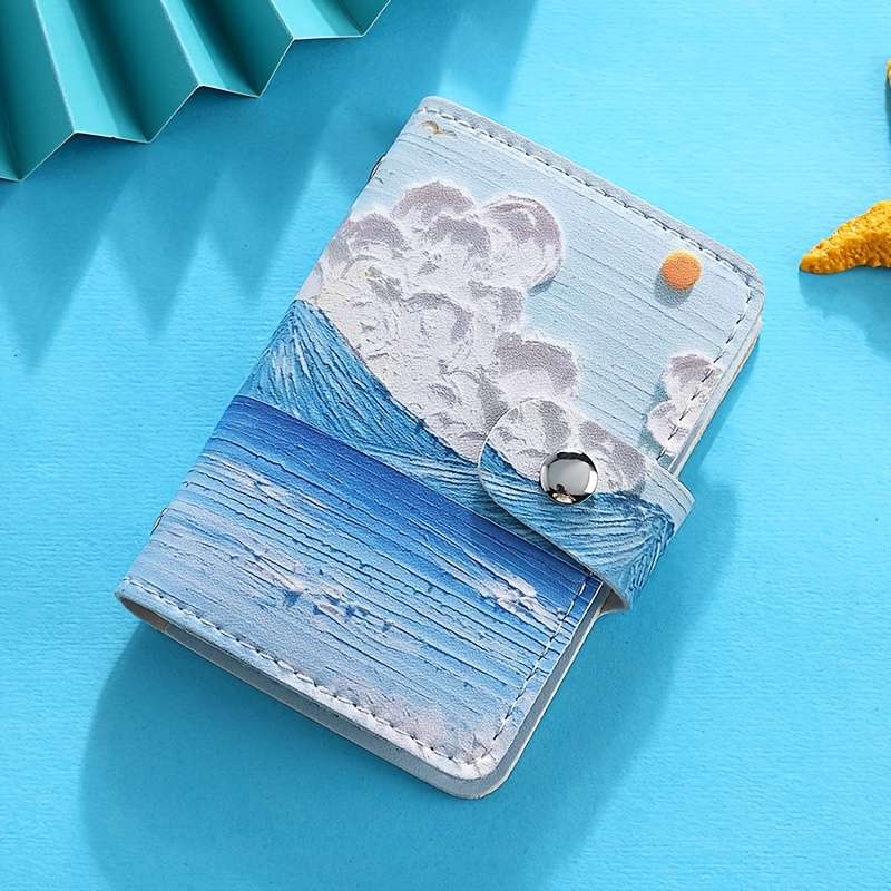 1pc Artistic Oil Painting Style Womens Card Holder C Large Capacity Ultra-Slim Coastal Land