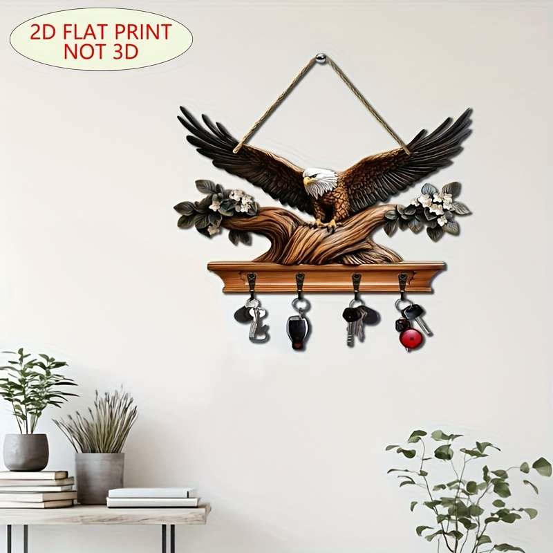 1pc Traditional Eagle Wall Mount Key HolderEasy Install Wooden Base with 4 Metal Hooks Decorati