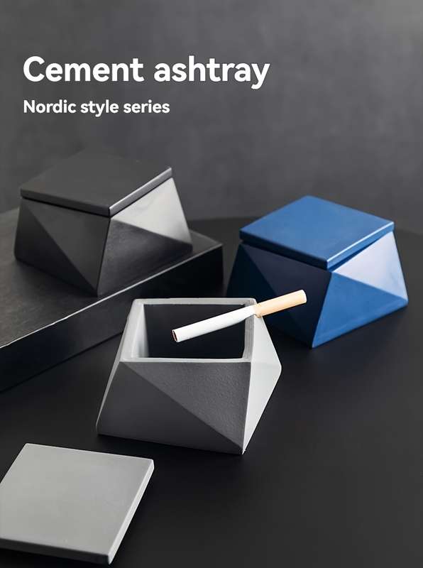 1pc Modern Geometric Stone Ashtray with Lid Light Blue Black Handcrafted Perfect for Indo
