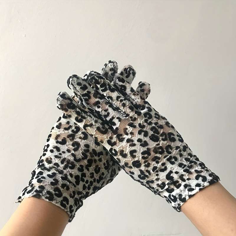 5 Pairs Black And White Leopard Print Lace Gloves