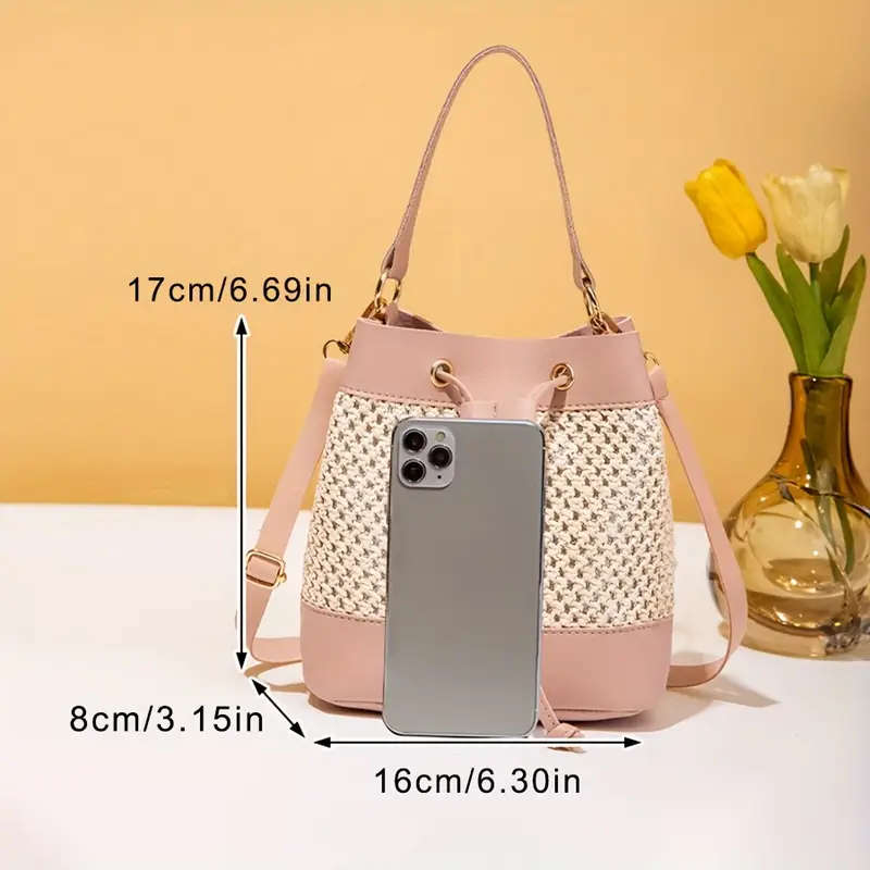 1pc Chic Hollow-Out Bucket Bag for Women Korean Style Woven Crossbody  Shoulder Bag in Beige