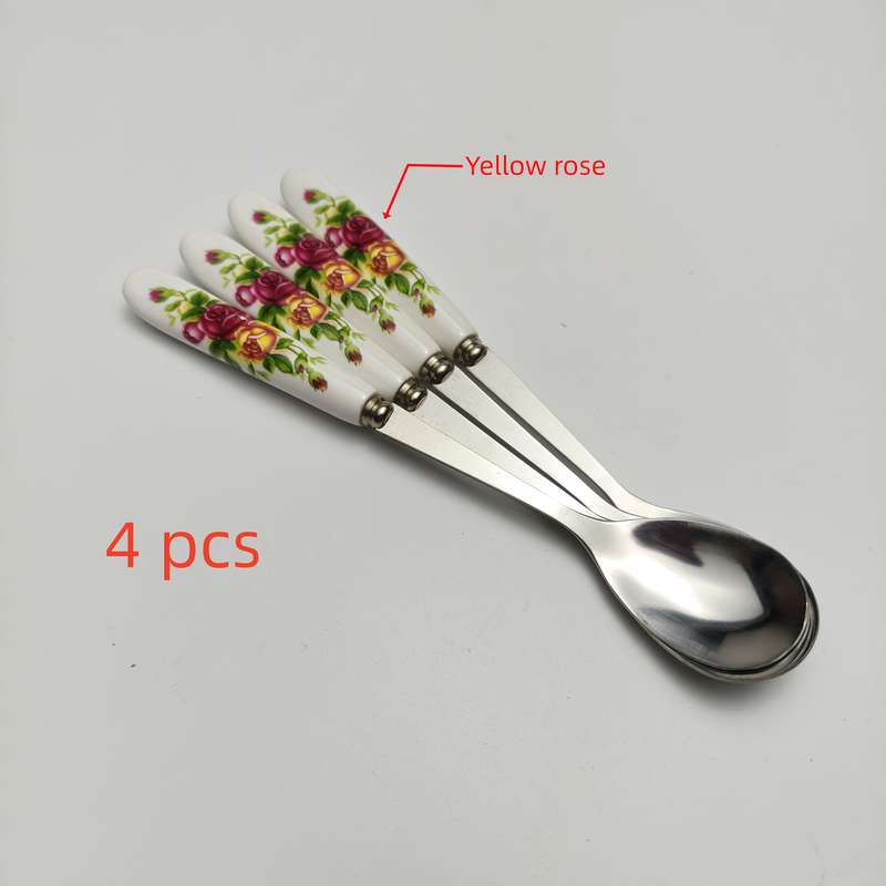 4pcs Stainless Steel Coffee Spoons with Ceramic Floral Handles Ideal for Desserts Cakes and