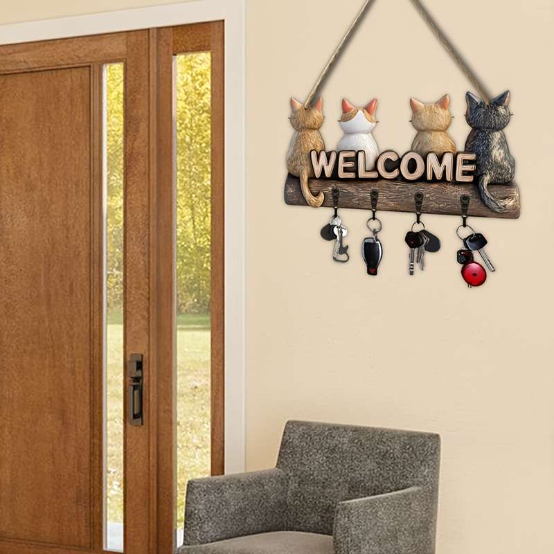 1pc Simple Colorful Wooden Kitten with Home Key Hanger with Four Metal Hooks 30.0cm x 23.5cm Wall
