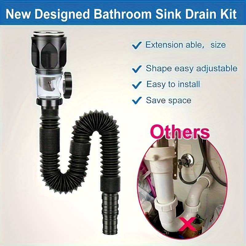 1pc FlexiDrain Stainless Steel ABS Sink Drain Pipe Flexible Space-Saving Design Tool-Free