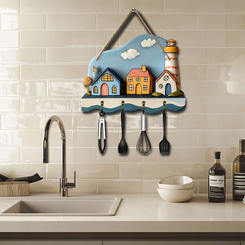 1pc Seaside Style Creative Home Wall Mounted Key Holder Simple Colorful Wooden Key Holder with Fou