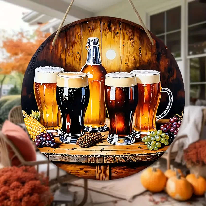 1pc Rustic Beer Mugs Wooden Wall Art 2D Printed Wooden Hanging Decor with Autumn Leaves and Pinecone