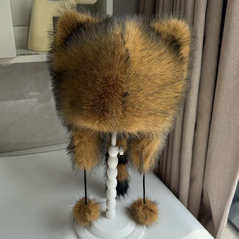 1pc Thick Faux Fur Pilot Hat Warm Coldproof Trapper Hat With Ear Flap Ski Hat Cute With Tail Ha