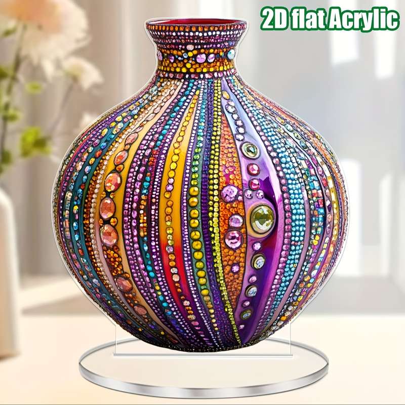 1pc 2D Flat   Bohemian Style  Acrylic Vase Decor Colorful Beaded Design with Rhinestones G
