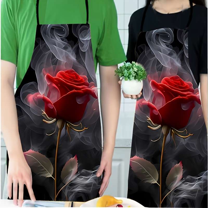 1pc Elegant Red Rose Pattern Polyester Apron Colorful Printed Sleeveless Kitchen Bib with Vib