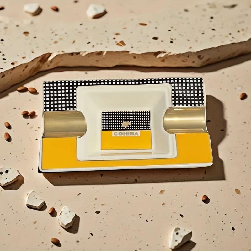 1pc Elegant Ceramic Cigar Ashtray with Dual Slots C Classic Rectangular Design Sparkling Decorativ