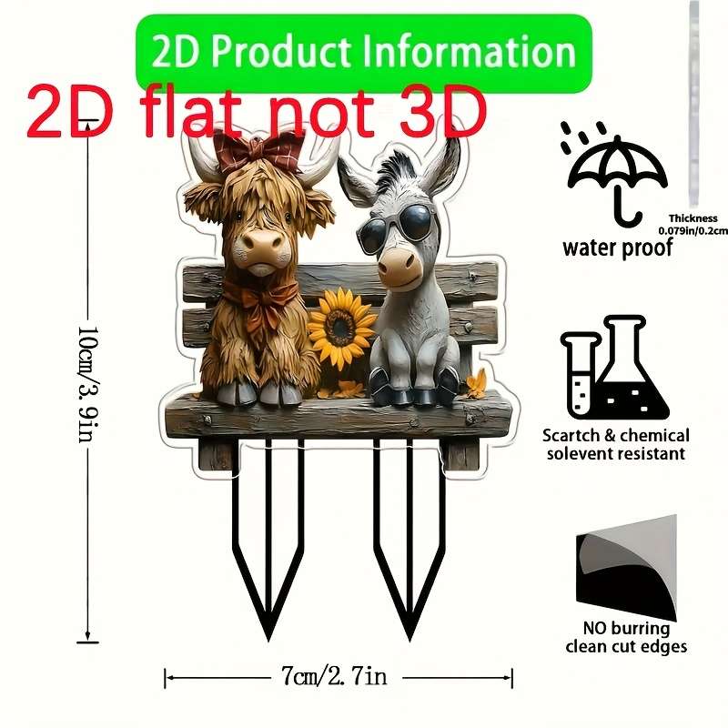 1pc 2D Flat  Country Highland Cow and Donkey Acrylic Garden Stakes Rustic Farmhouse Outdoor Decor
