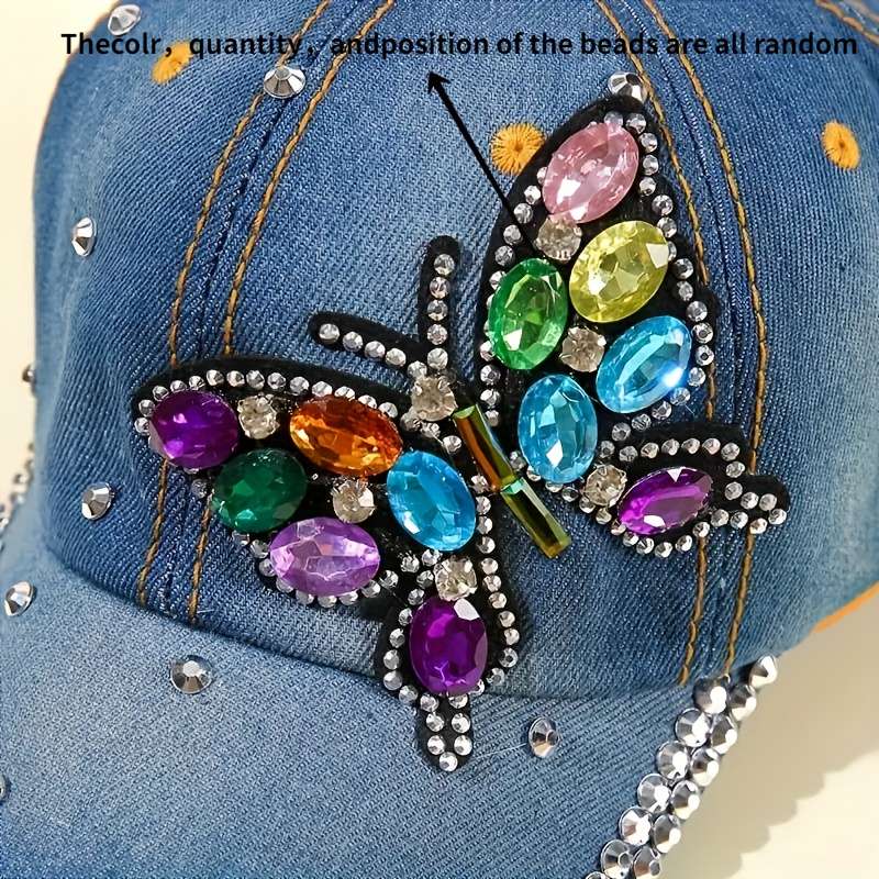 1pc Butterfly Pattern Rhinestone Decor Fashionable Baseball Cap Women's Sunshade Washed Denim Spor