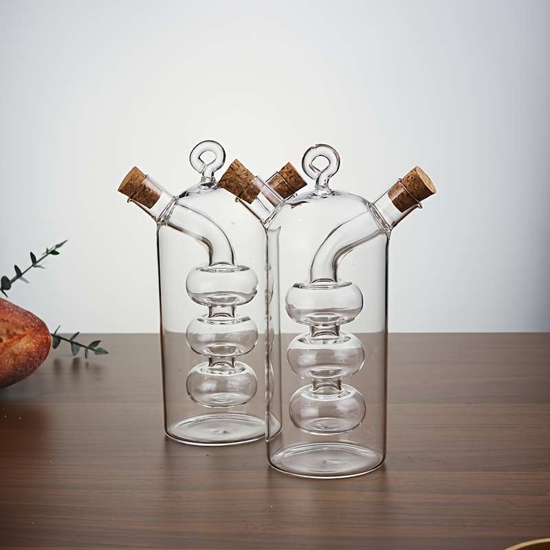 1pc 2-in-1 Glass Olive Oil and Vinegar Dispenser with Cork Stopper Clear Kitchen Container Dual