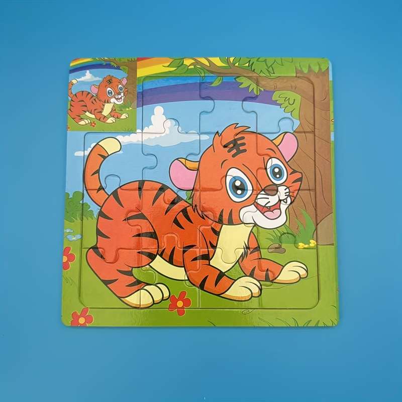 1pc Wooden Tiger Puzzle Vibrant Orange Kitten with Rainbow Flowers Design Ideal
