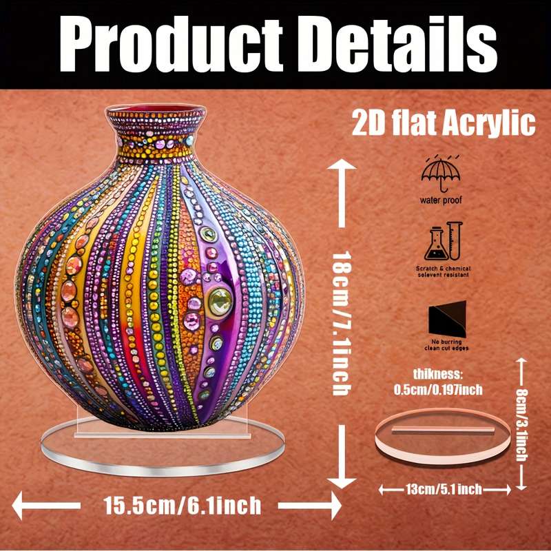 1pc 2D Flat   Bohemian Style  Acrylic Vase Decor Colorful Beaded Design with Rhinestones G
