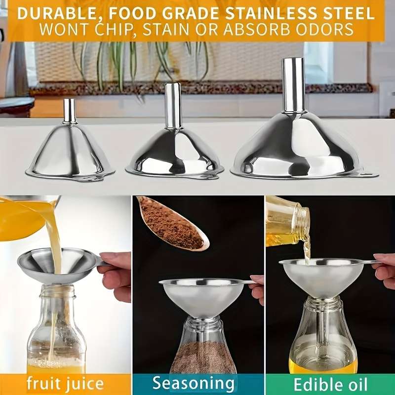 3pcs Stainless Steel Multi-Purpose Funnel Set Heat Resistant Super Versatile for Pouring And