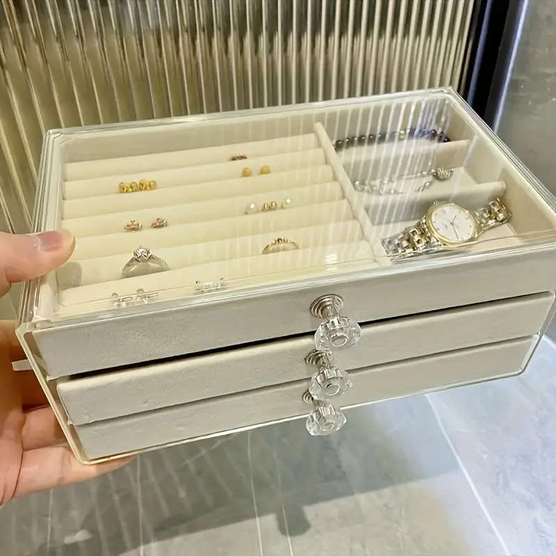 1pc 3-Tier Dust-Proof Acrylic Jewelry Organizer Box Elegant Modern Rectangular Tabletop Display Case