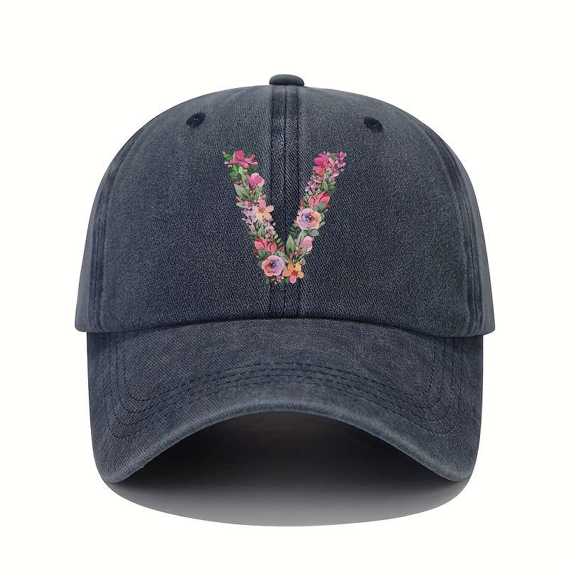 1pc Floral Letter V Print Baseball Cap Vintage Washed Cotton Hat Adjustable Sun Protection Cap wi