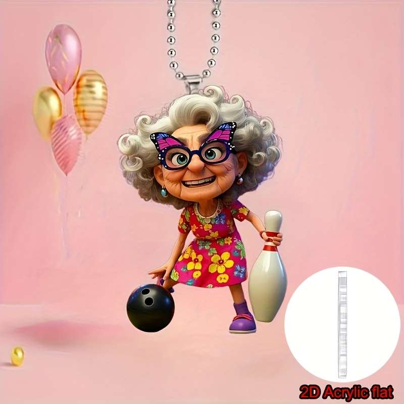 1pc 2D Flat   Acrylic Car Pendant Cute Grandma Playing Bowling Colorful Floral Dress Purpl
