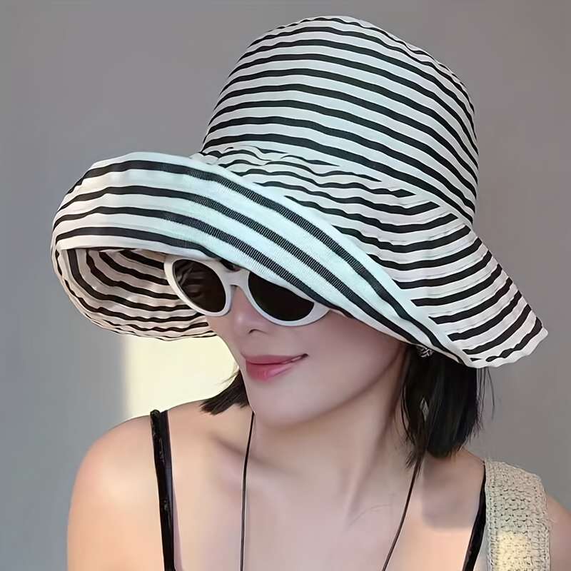 1pc Black White Striped Wide Brim Bucket Hat Lightweight Breathable Sun-Protective Fisherman