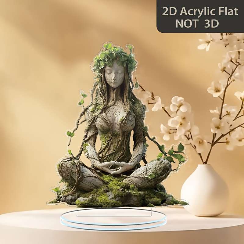 1pc 2D Flat   Boho Goddess Acrylic Desktop Decor Natural Wooden Texture with Moss Vines Ide